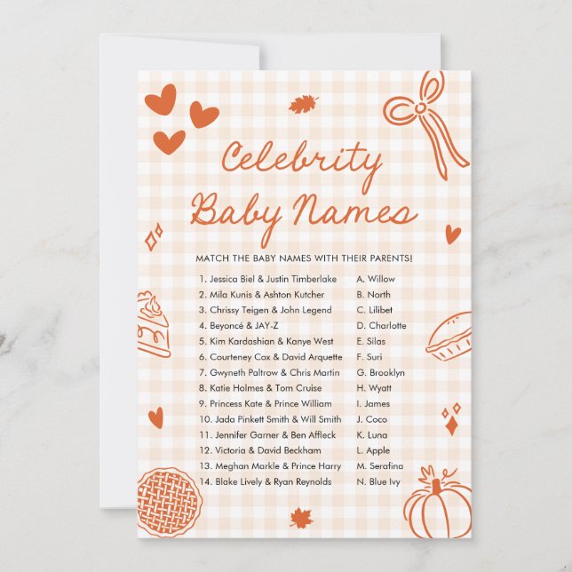 Fall Orange Hand Drawn Celebrity Baby Name Game Invitation (Front)
