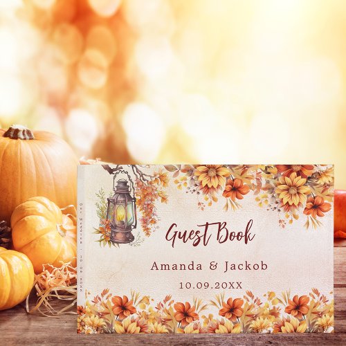 Fall orange leaves lantern country wedding guest book