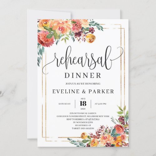 Fall orange marigold floral rehearsal dinner invit invitation