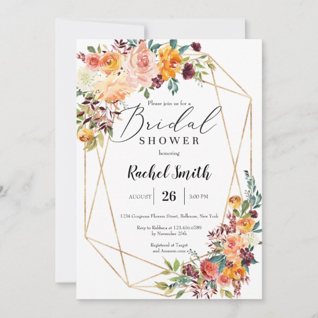 Fall orange marigold yellow floral bridal shower invitation (Front)