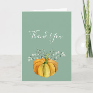 Fall orange pumpkin greenery photo  thank you card