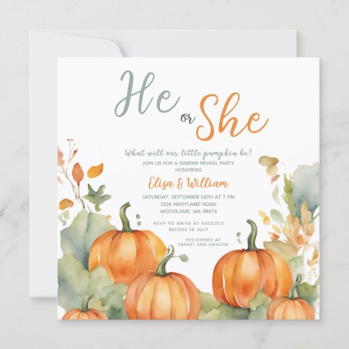 Fall Orange Pumpkin He or She Gender Reveal  Invitation