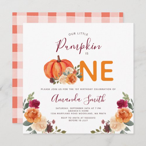 Fall Orange Pumpkin Is One Birthday Floral  Invitation