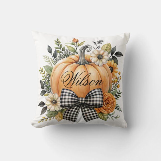 Fall Orange Pumpkin with Checked Bow Throw Pillow (Front)