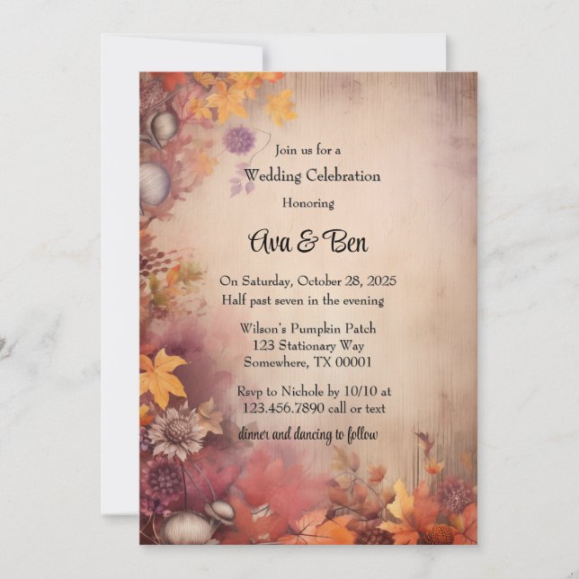Fall Orange Purple Tree Rustic Wedding Celebration Invitation (Front)