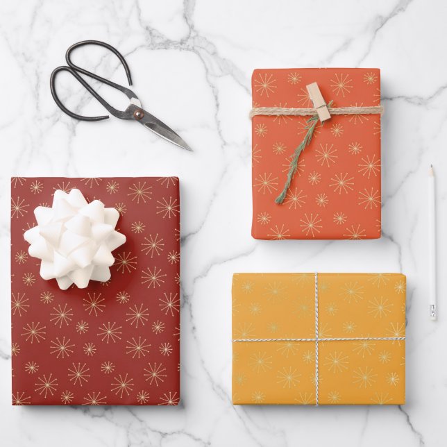 FALL ORANGE RED AND GOLD WITH SNOWFLAKE PATTERN WRAPPING PAPER SHEETS (Front)