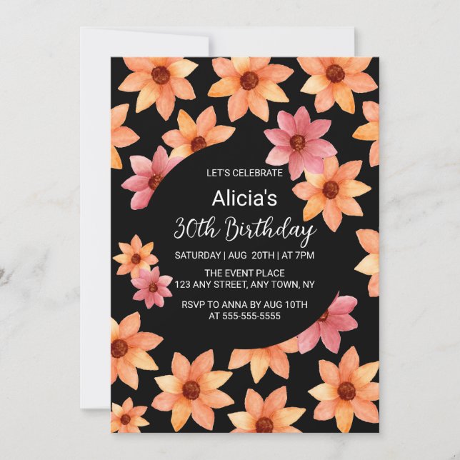 Fall Orange Russet Flower Any Age Black Birthday Invitation (Front)
