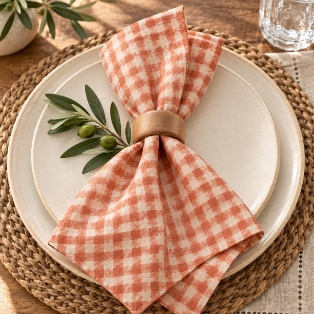 Fall Orange Simple Gingham Pattern Dinner Cloth Napkin (Orange gingham cloth napkin with cozy farmhouse style for fall tables.)