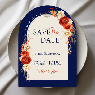 Fall orange terracotta navy floral wedding arch save the date