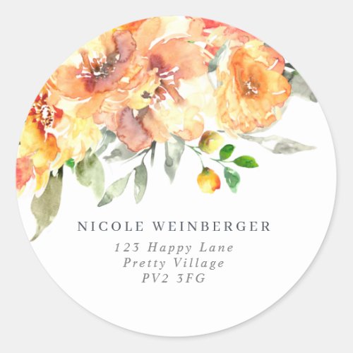 Fall Orange Watercolor Flowers Return Address Classic Round Sticker