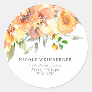 Fall Orange Watercolor Flowers Return Address Classic Round Sticker