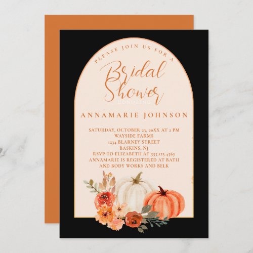 Fall Orange  White Pumpkins Florals on Black  Invitation