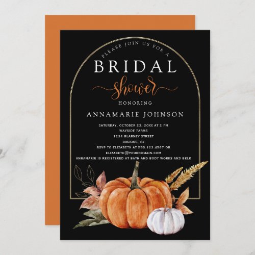 Fall Orange  White Pumpkins Leaves on Black Invitation