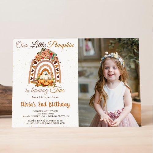 Fall Our Little Pumpkin 2nd Birthday Party Photo Invitation