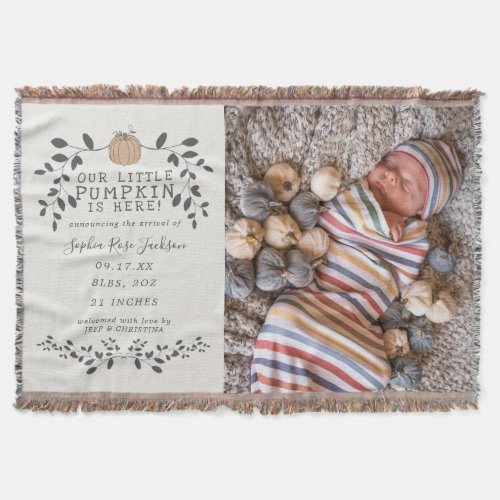 Fall Our Little Pumpkin Birth Baby Announcement Throw Blanket