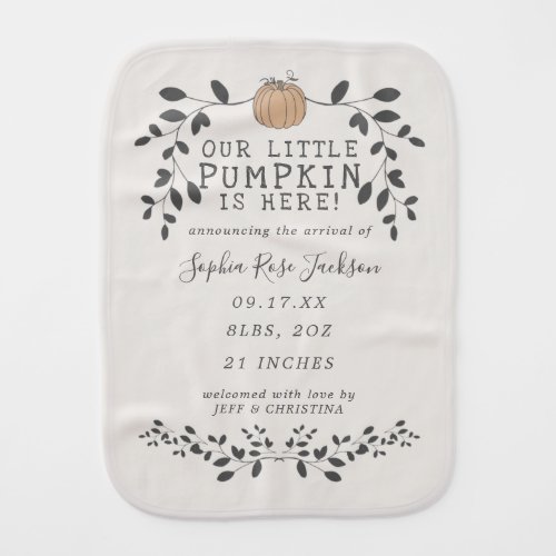 Fall Our Little Pumpkin Birth Stats Baby Baby Burp Cloth