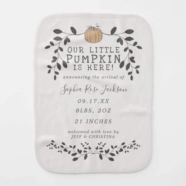 Fall Our Little Pumpkin Birth Stats Baby Baby Burp Cloth (Front)