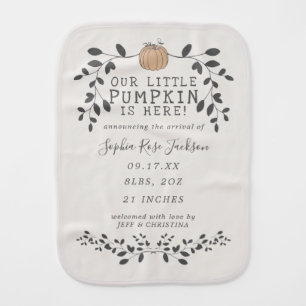Fall Our Little Pumpkin Birth Stats Baby Burp Cloth