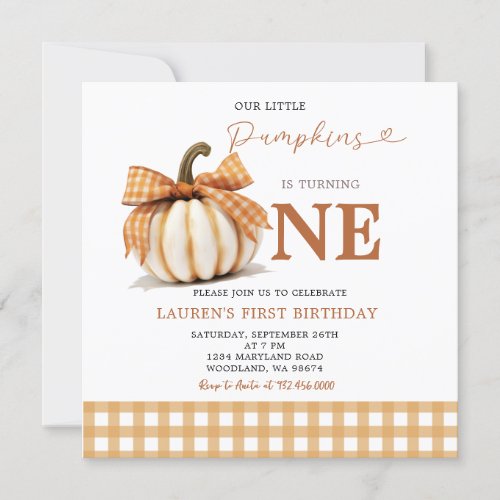  Fall Our Little Pumpkin Turning One Birthday Invitation