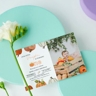 Fall our little pumpkin turning one first birthday invitation