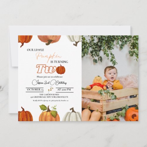 Fall our little pumpkin turning two 2nd birthday invitation
