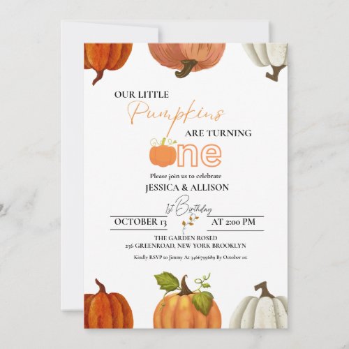 Fall our little Twin pumpkin turning one birthday Invitation