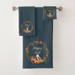Fall owl and pumpkins with customizable text  bath towel set