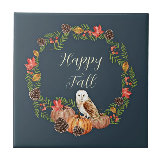 Fall owl and pumpkins with customizable text  ceramic tile (Front)
