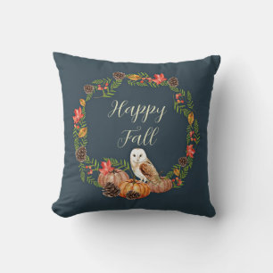Fall owl and pumpkins with customizable text throw pillow