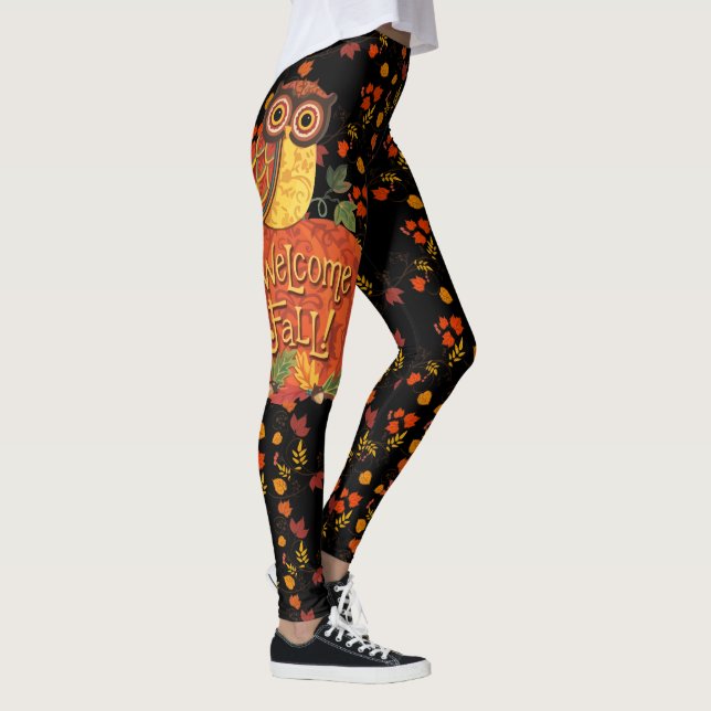 Fall Owl Autumn Leaves Pretty Black Leggings (Right)