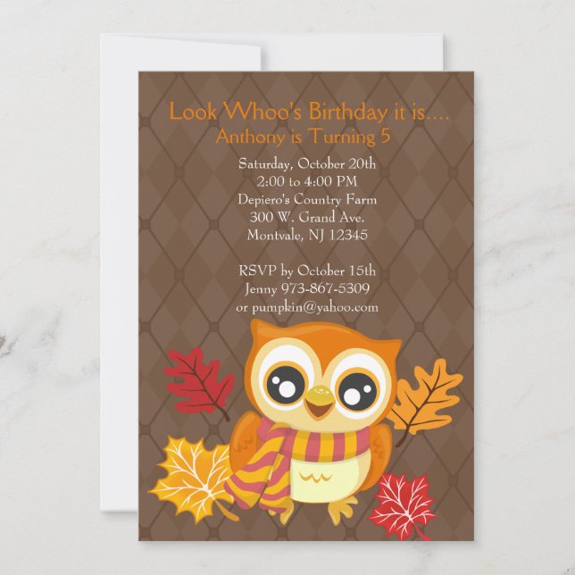 Fall Owl Birthday Party Invitation (Front)