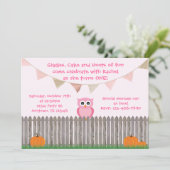 Fall Owl on Fence Pink Birthday Invitation (Standing Front)
