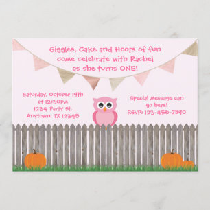 Fall Owl on Fence Pink Birthday Invitation