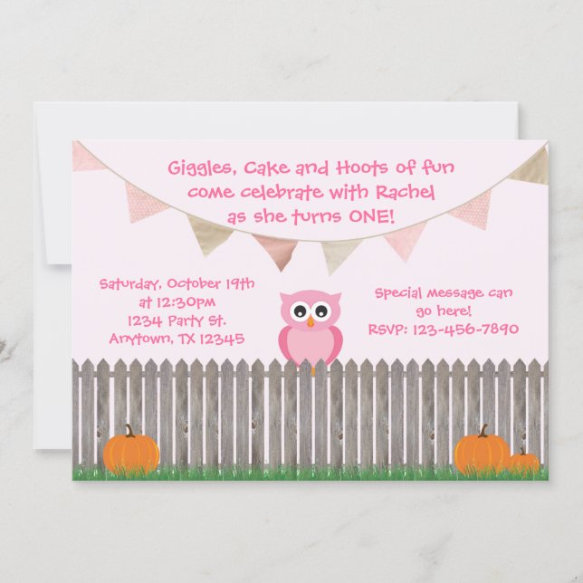 Fall Owl on Fence Pink Birthday Invitation (Front)