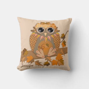 Fall owl with custom name throw pillow