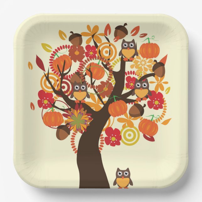Fall Owls And Pumpkins Paper Plates (Front)