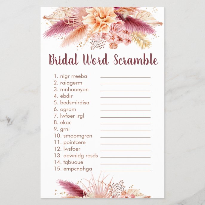 Fall Pampas Grass Boho Bridal Word Scramble Game