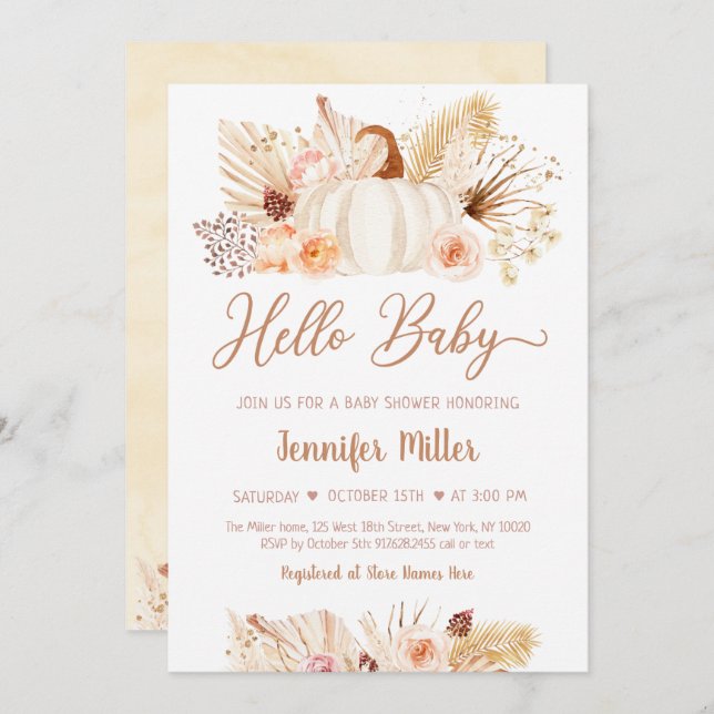 Fall Pampas Grass Pumpkin Baby Shower Invitation (Front/Back)