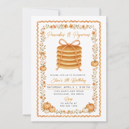 Fall Pancakes & Pajamas Pumpkin Birthday Party Invitation