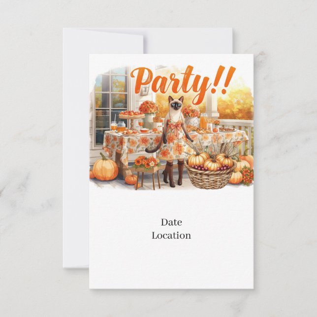 Fall Party Invitation Card  for Siamese Cat Lovers (Front)