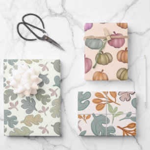 Fall Pastel Foliage & Pumpkin Pattern Wrapping Paper Sheets
