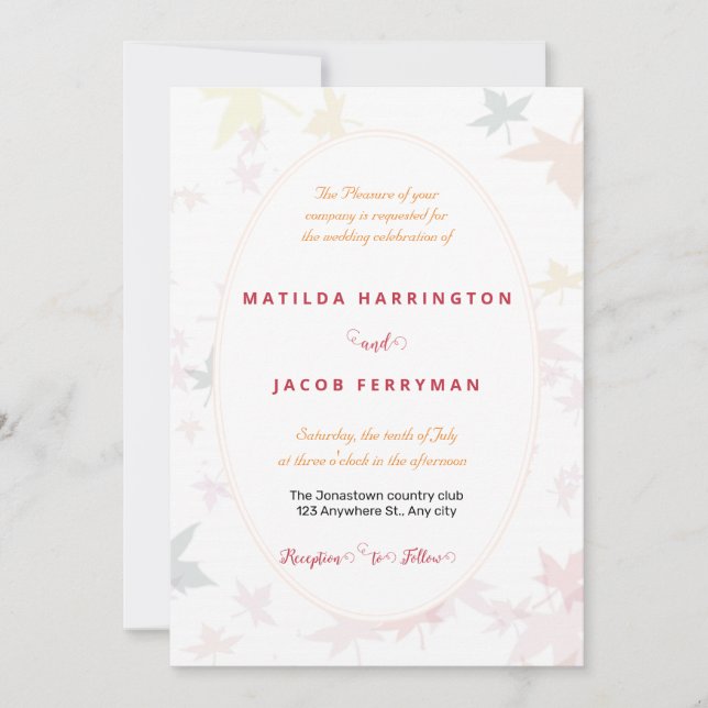 Fall Pastel Leaves Boho Frame Wedding Invitation (Front)