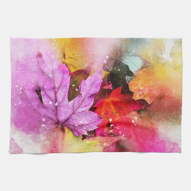 Fall pastel maple leaf watercolor elegant autumn kitchen towel (Horizontal)