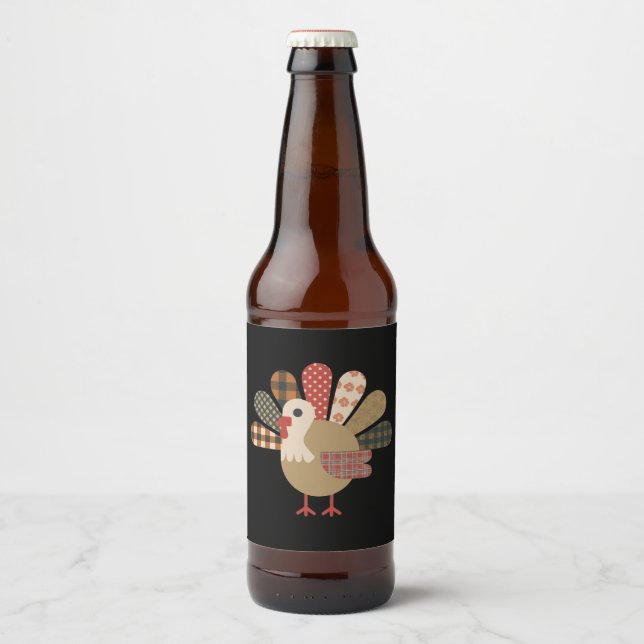 Fall Patchwork QuiltedTurkey Thanksgiving Beer Bottle Label (Front)
