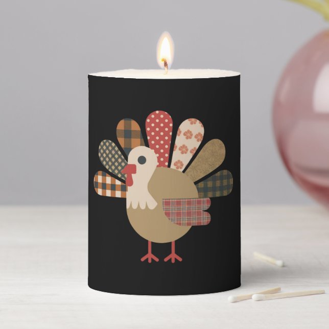 Fall Patchwork QuiltedTurkey Thanksgiving Pillar Candle (In Situ)