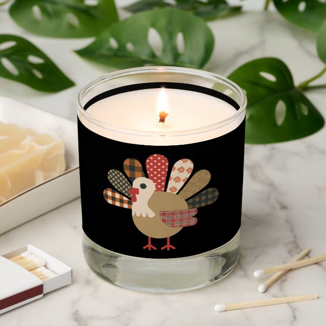 Fall Patchwork QuiltedTurkey Thanksgiving Scented Candle (Lit)
