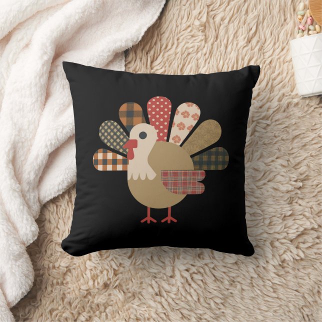 Fall Patchwork QuiltedTurkey Thanksgiving Throw Pillow (Blanket)