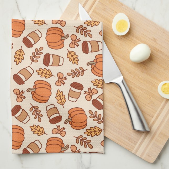 Fall Pattern Seamless Coffee Pumpkin Kitchen Towel (Quarter Fold)