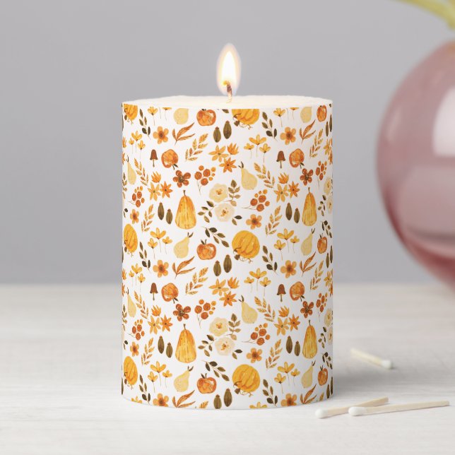 Fall Pattern with Pumpkins, Leaves:Autumn Elegance Pillar Candle (In Situ)