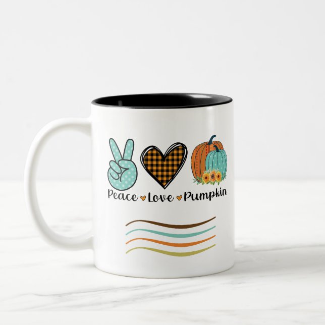 Fall Peace Love and Pumpkin Teal and Orange Two-Tone Coffee Mug (Left)